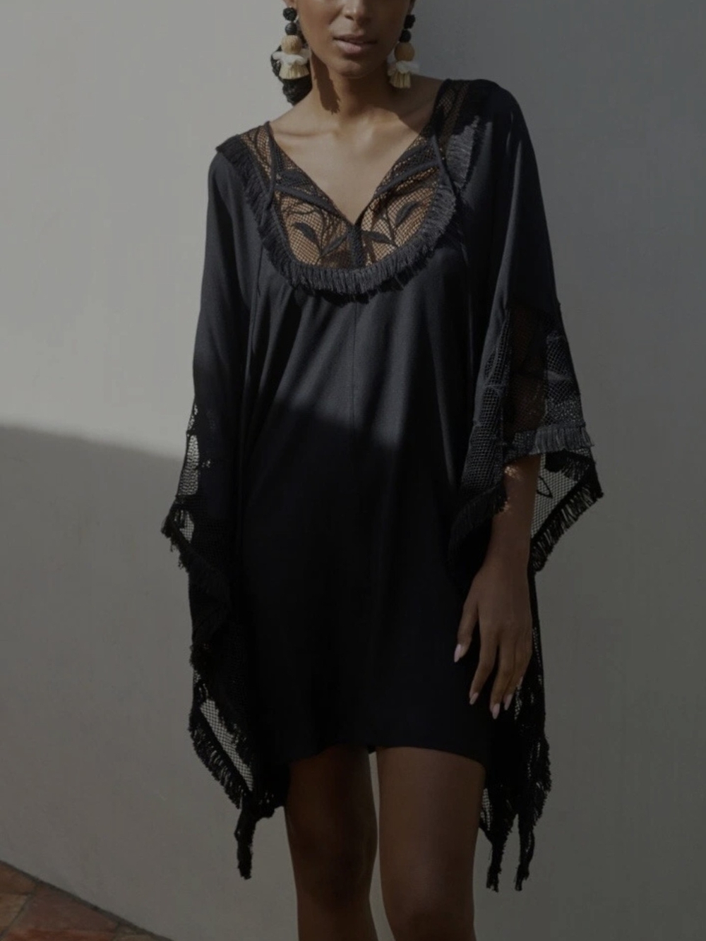 NWT Anthropologie Black Lace-Trim Caftan Cover-Up Swim Cover Or Dress